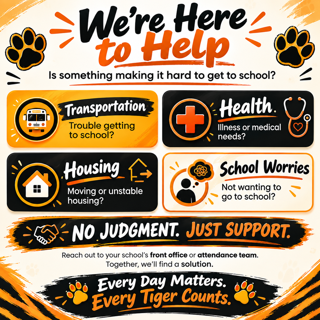 Attendance support graphic encouraging families to contact their school for help with transportation, health, housing, or school-related concerns that may affect attendance.