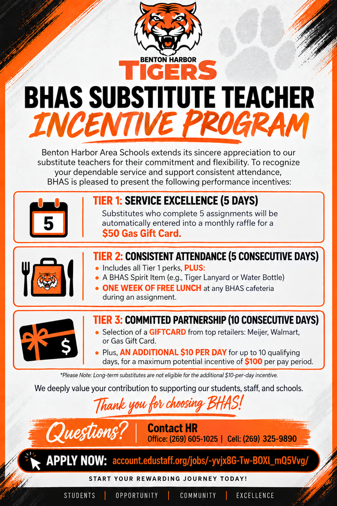 BHAS Substitute Teacher Incentive Program offering rewards for consistent service, including gift cards, BHAS spirit items, free lunch, and up to $100 in additional incentives per pay period.