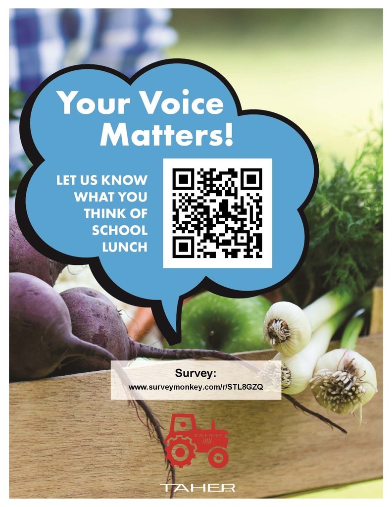 School lunch survey inviting students, families, and staff to share feedback about the food service program by scanning the QR code or completing the online survey.