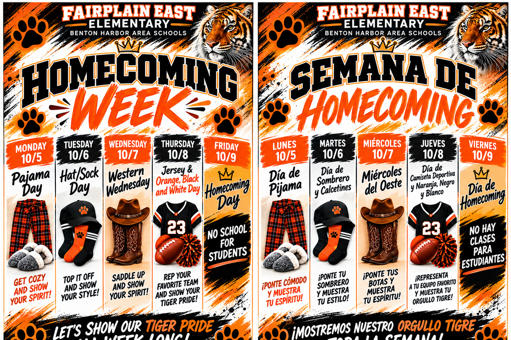 Homecoming Week is October 5–9. Themes include Pajama Day, Hat/Sock Day, Western Wednesday, Jersey and Orange/Black/White Day, and Homecoming Day. There is no school for students Friday, October 9.