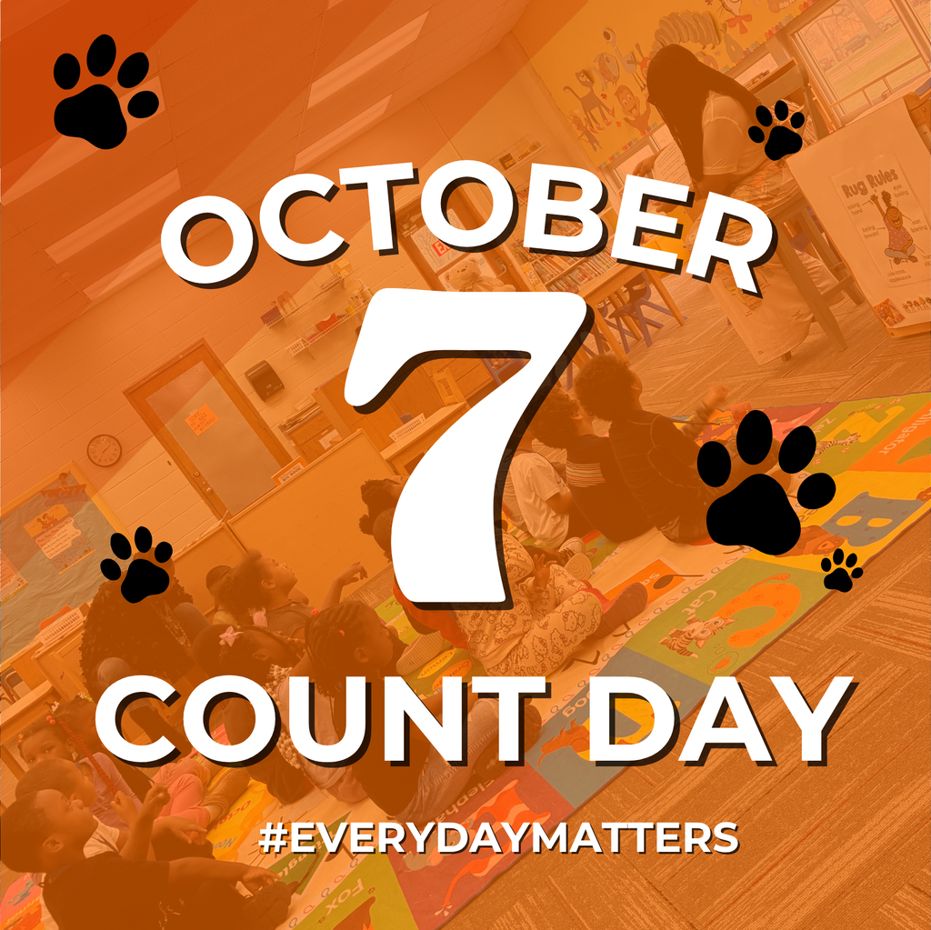 Orange Count Day graphic for October 7 featuring an elementary classroom with students gathered on a colorful rug. Large text reads “October 7 Count Day” with the hashtag “#EveryDayMatters.”