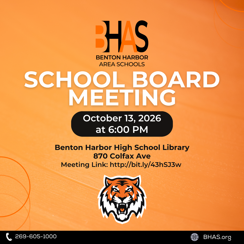 BHAS School Board meeting announcement for October 13, 2026, at 6:00 PM in the Benton Harbor High School Library, 870 Colfax Avenue.