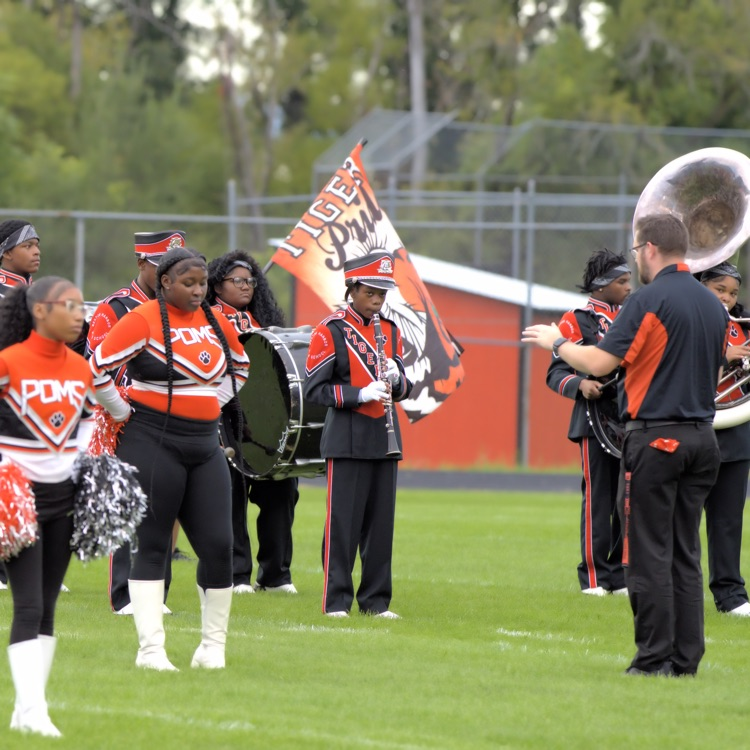Benton Harbor Tigers marching band and pom team perform together on the football field, featuring musicians, flag bearers, and dancers in orange and black uniforms.