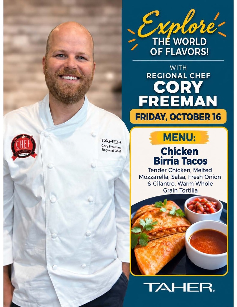 Explore the World of Flavors with Regional Chef Cory Freeman on Friday, October 16. The featured menu is Chicken Birria Tacos with tender chicken, melted mozzarella, salsa, fresh onion, and cilantro in a warm whole-grain tortilla. The Taher flyer features a photo of Chef Freeman in a white chef’s coat alongside the featured meal.