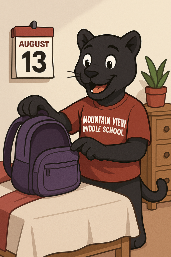black panther smiling while packing up their backpack. The date august 13 is posted on a calendar in the background.