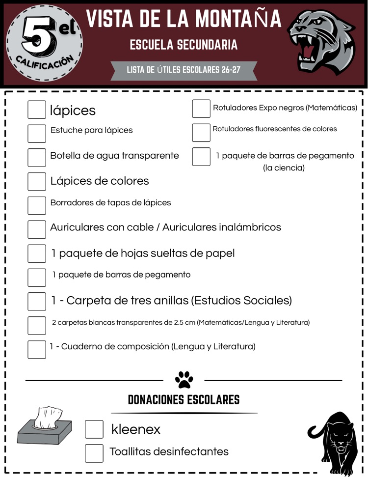 fifth grade school supply list in Spanish