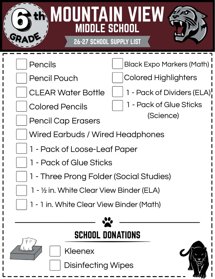 sixth grade school supply list