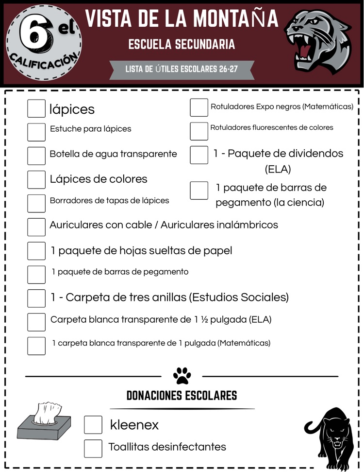 sixth grade school supply list in Spanish
