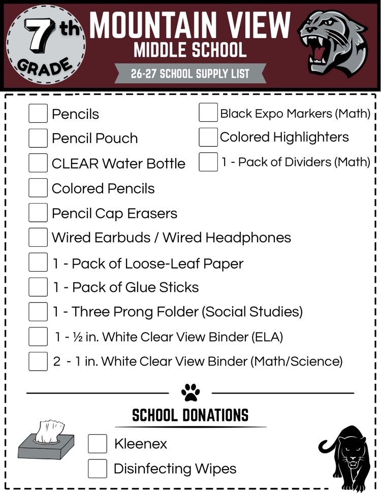 seventh grade school supply list