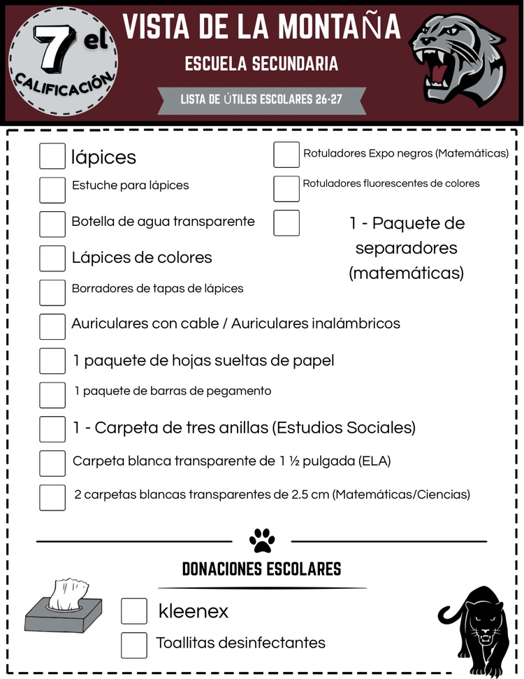 seventh grade school supply list in Spanish