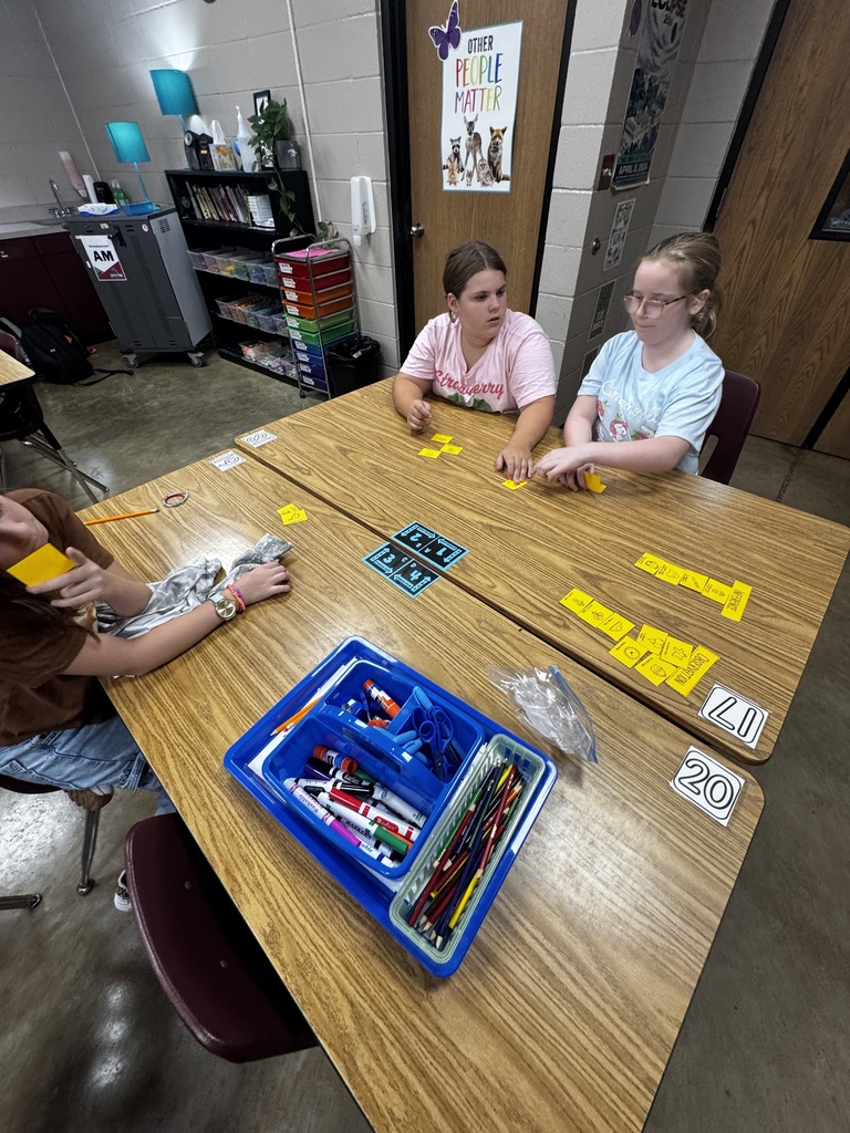 Three students are sitting in their table groups sorting cards as they learn about observations and inferencing