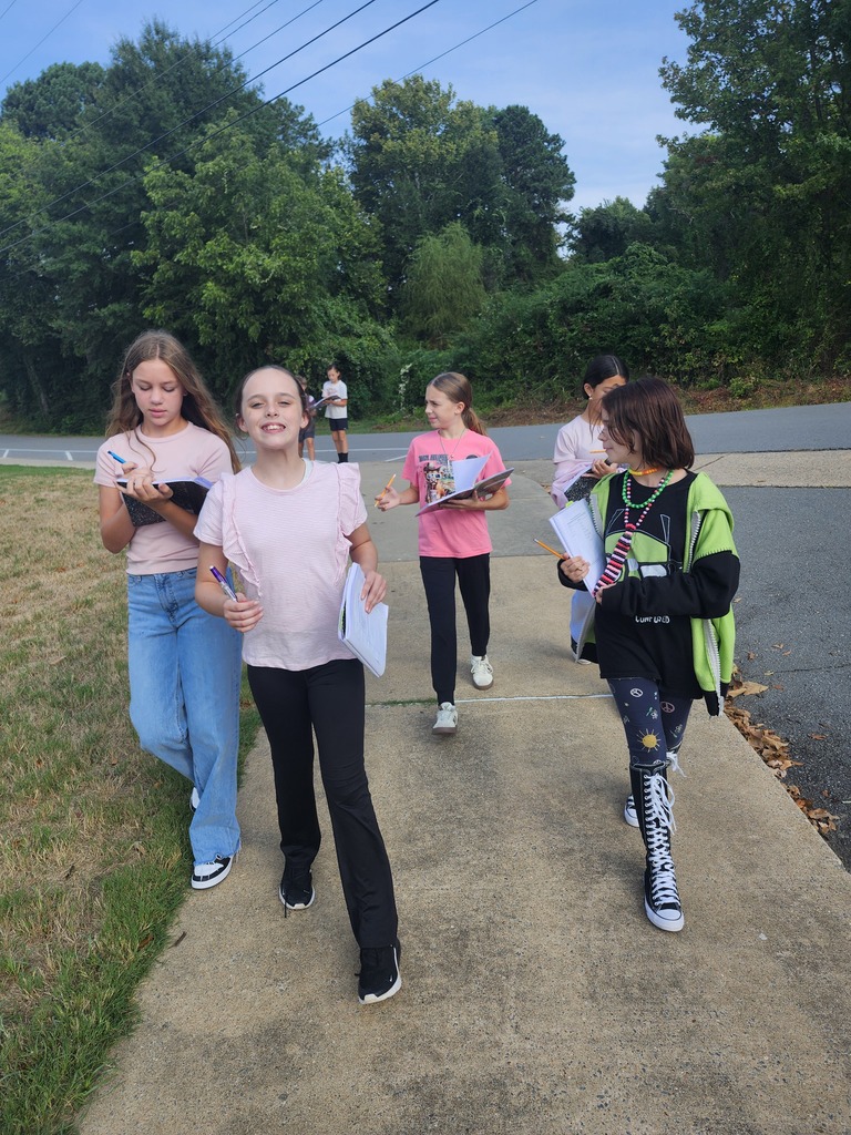 A group of students are walking along the side walk around the middle school observing life.