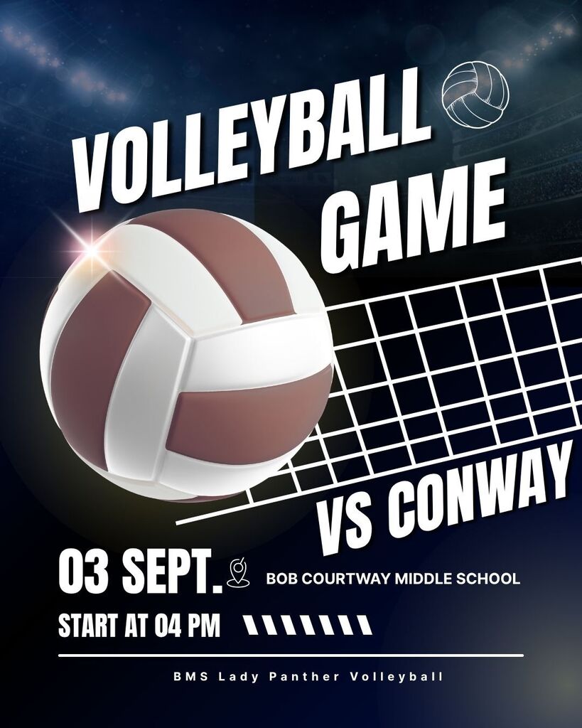 A flyer with a volleyball and net that reads: volleyball game, 03 sept. At Bob Courtway Middle School start at 4PM BMS Lady Panther Volleyball