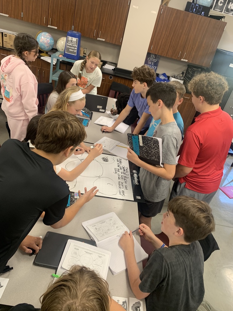 A group of students in Mr. Koch's class is gathered around a table working on their class science experiement