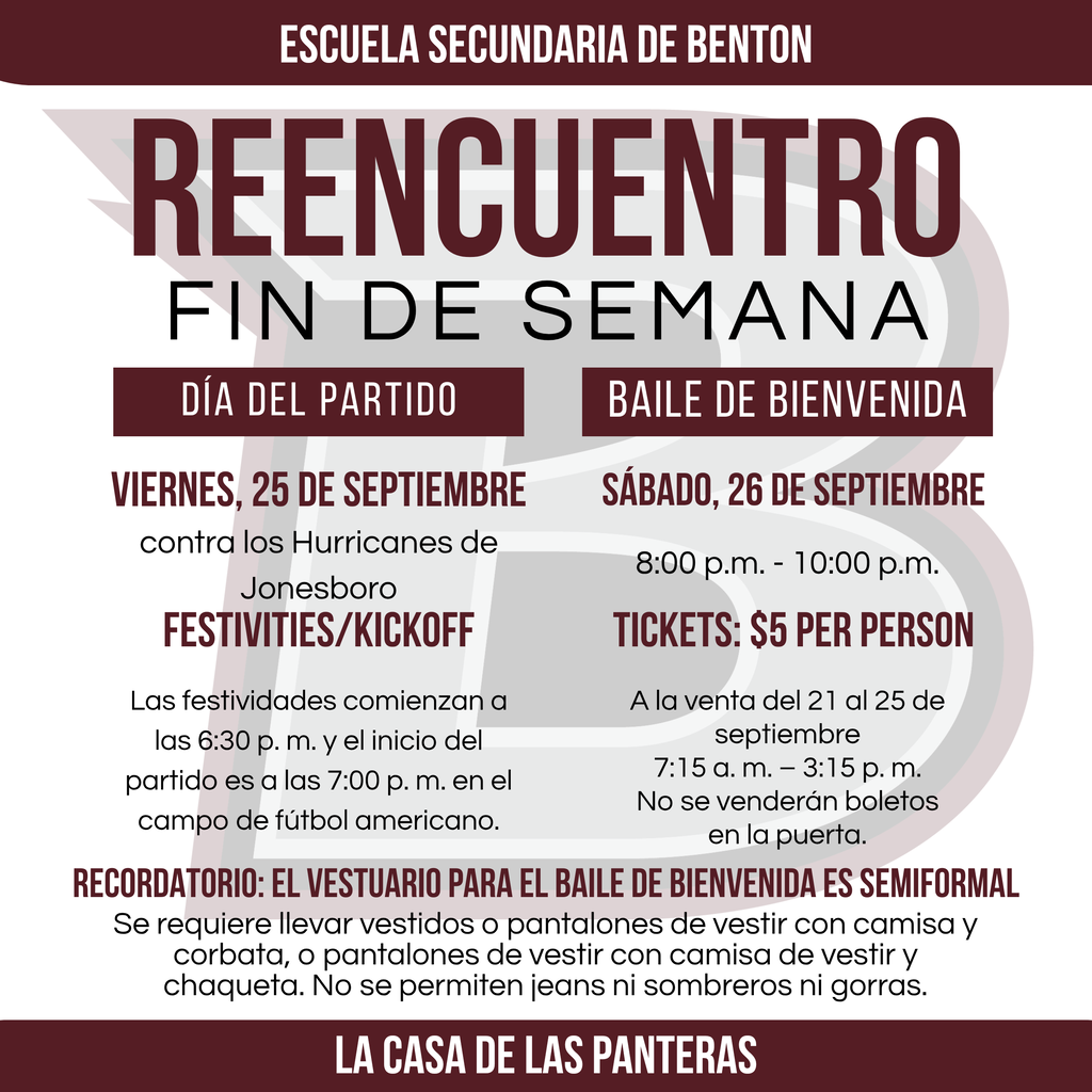Homecoming weekend is here! The Benton Panthers take on the Jonesboro Hurricanes Friday night! Homecoming festivities begin at 6:30 p.m., followed by kickoff at 7:00 p.m. at the football field. The Homecoming Dance is Saturday from 8:00–10:00 p.m. Tickets are $5 per person and must be purchased by 3:30 p.m. today. No tickets will be sold at the door. Dance reminders: Attire is semi-formal, and all students must show a photo ID to enter. This may be a state-issued driver’s license or a yearbook photo with the student’s name beside it. We’re looking forward to a great Homecoming weekend at BHS! Please see the link below for more details.#WeAreBenton #bhs #bhspanthers20262027"