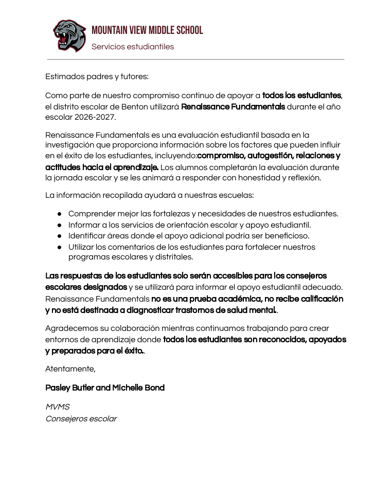 Renaissance Fundamentals Parent Letter - Spanish