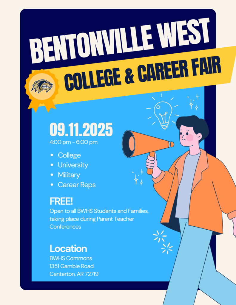 Flyer for the Bentonville West College & Career Fair. The event is scheduled for September 11, 2025, from 4:00 pm to 6:00 pm. It will feature representatives from colleges, universities, the military, and various careers. The fair is free and open to all BWHS students and families, taking place during Parent Teacher Conferences. The location is BWHS Commons, 1351 Gamble Road, Centerton, AR 72719. The design includes a person holding a megaphone, a light bulb graphic, and the Bentonville West Wolverines logo.