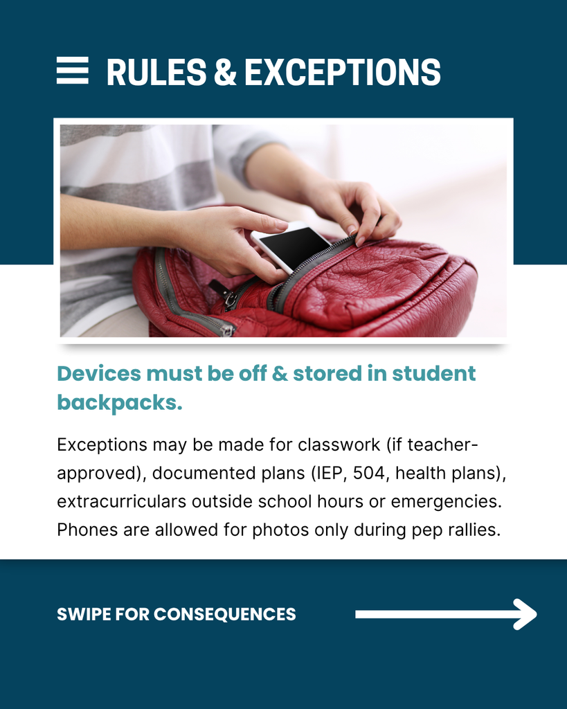 Visual explaining that student devices must be off and stored, with exceptions for approved uses and emergencies.