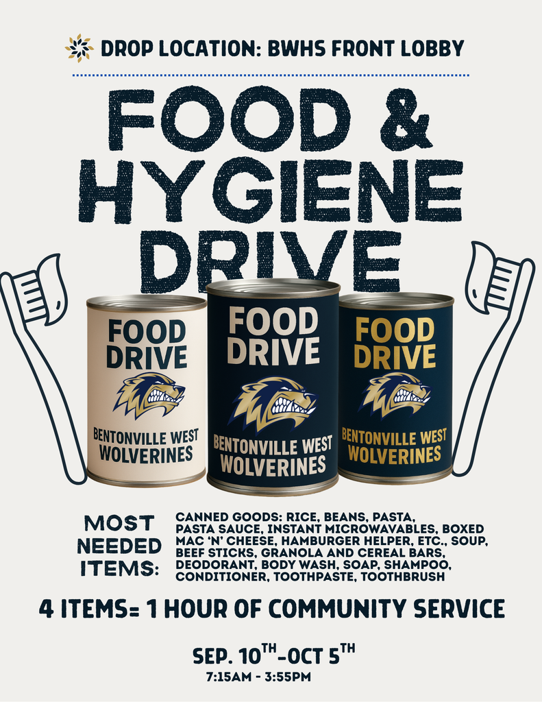 Bring in four items for the food and hygiene drive now until October 5th and earn one hour of community service. Donations can be made in the front lobby.