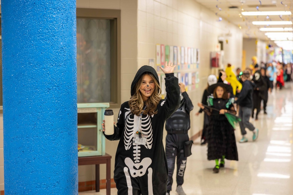 Teacher dressed as a skeleton