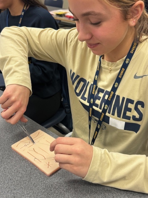 Foundations of Healthcare students practice sutures in a live lesson.