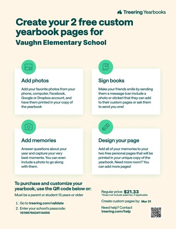 Yearbooks are on sale now!  Order by March 31st to create your 2 free custom pages.