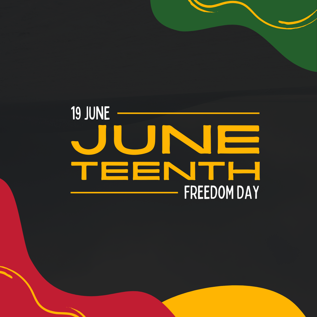Juneteenth, Freedom Day, on black background with green, red, and gold accents