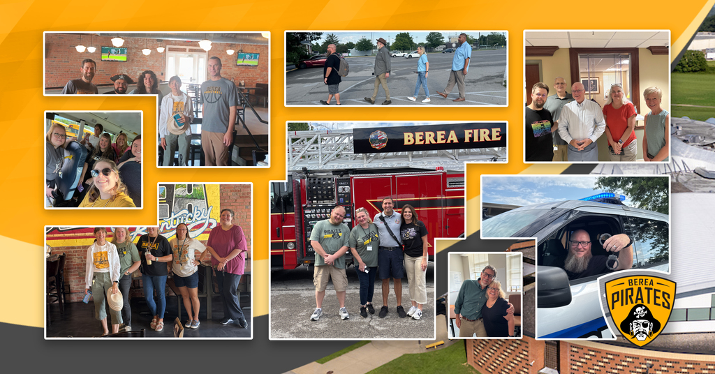 Collage of teachers and school staff posing for photos at various locations around town.