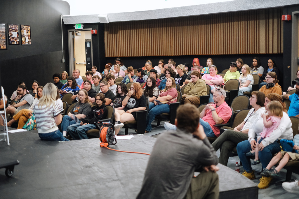 Picture of school auditorium filled with students listening to a presentation from school staff.