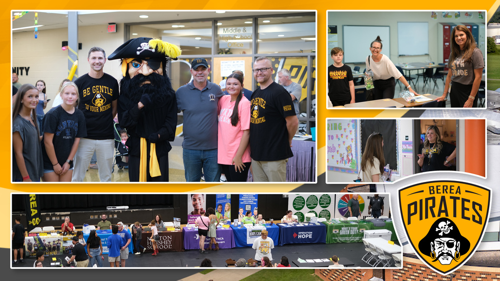 Collage of photos form Back to School event, students and teachers posing for photos.