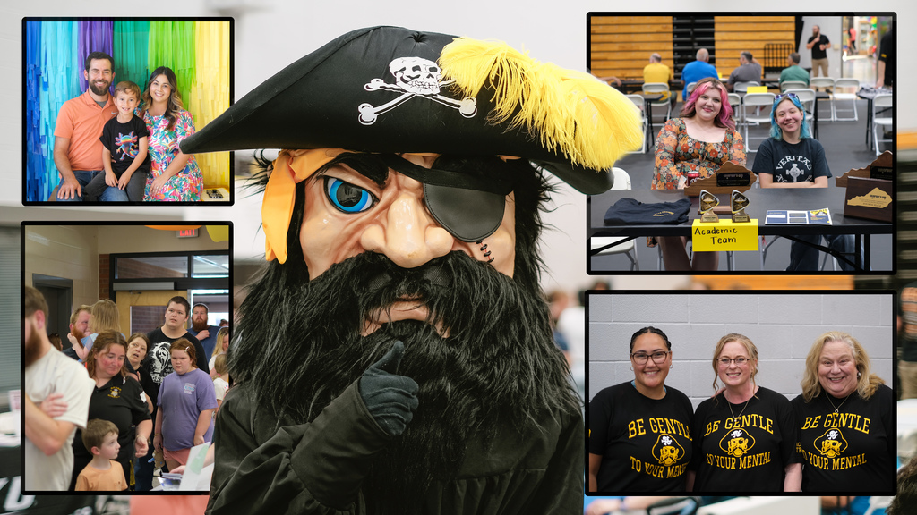 Collage of photos from a  Back to School event centered around a photo of a pirate mascot.