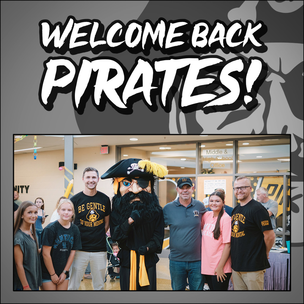 Graphic welcoming students back to school. Includes a photo of superintendent, school principal, and other staff and students posing with a pirate mascot.