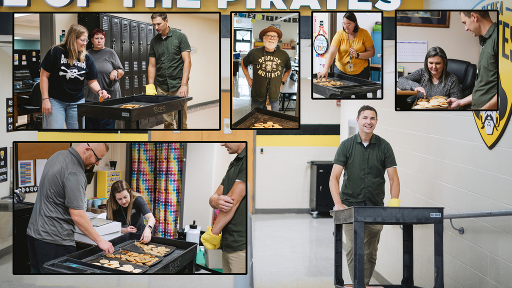 Collage of photos of superintendent delivering cookies to school staff in  various classrooms and hallways.