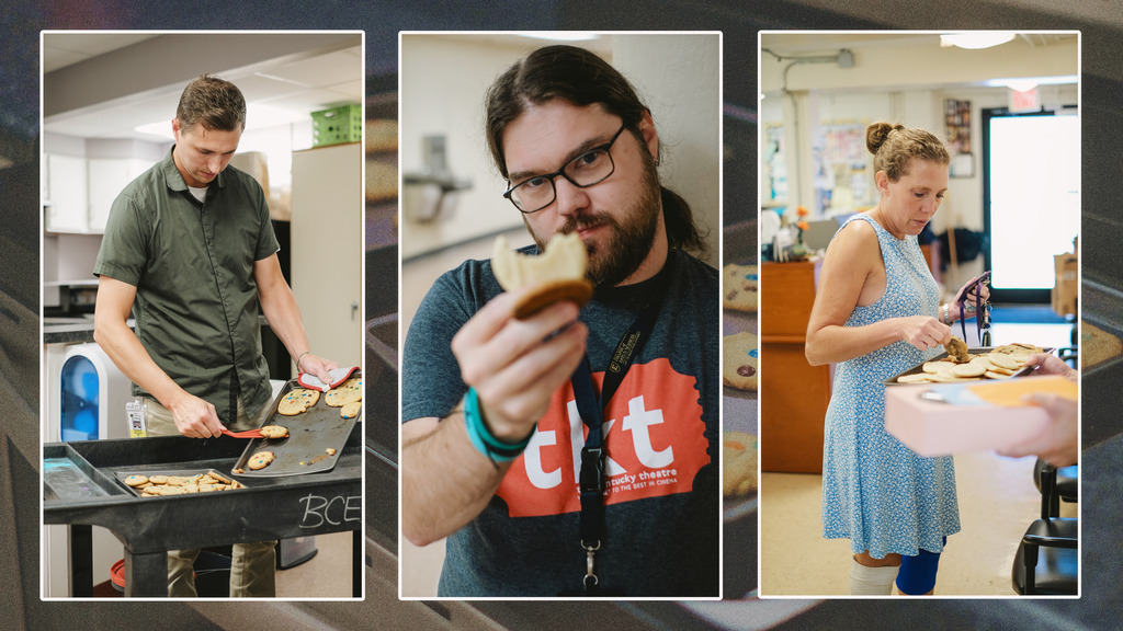 Collage of photos of teachers being given cookies by superintendent.