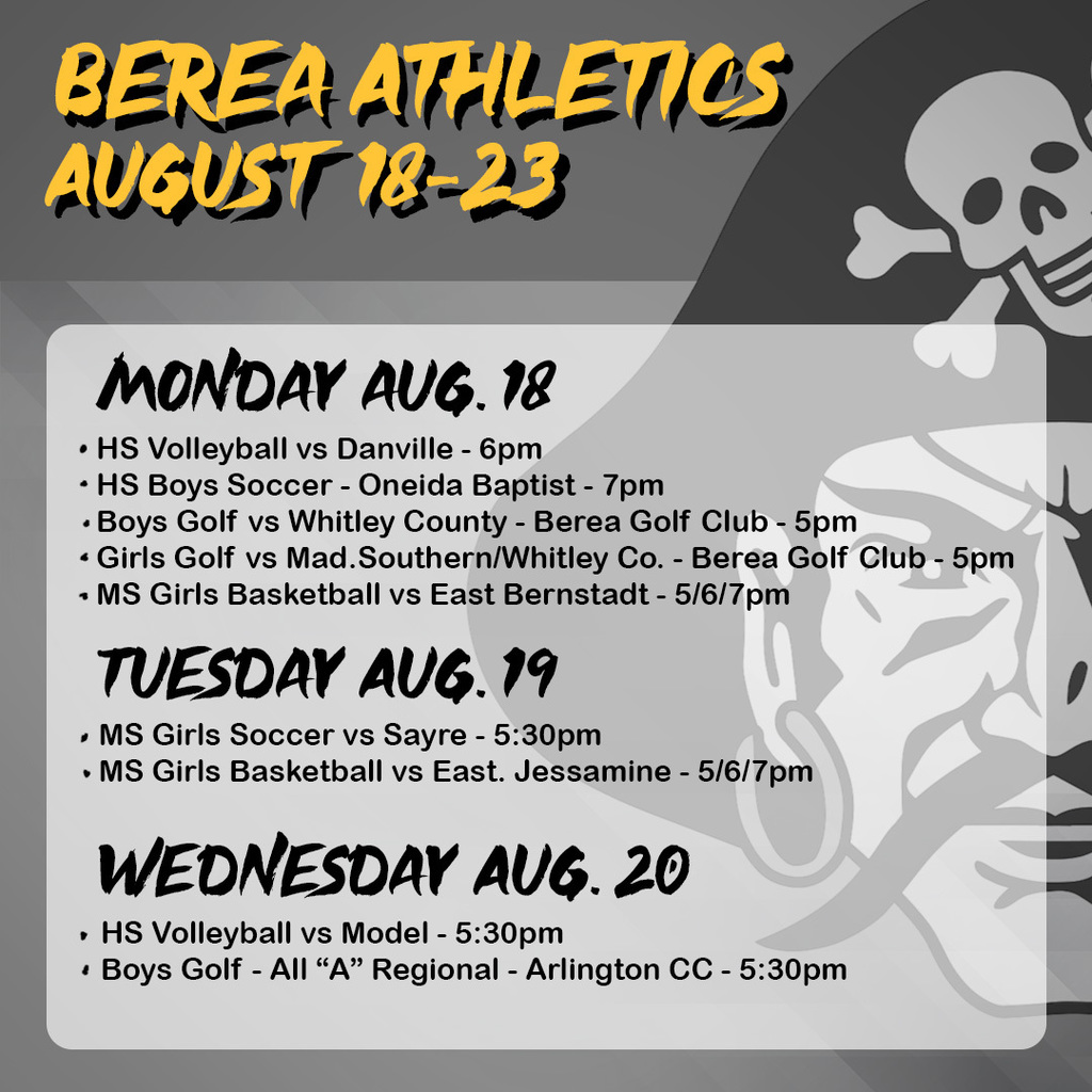 Graphic displaying upcoming dates for Berea Athletics in the upcoming week
