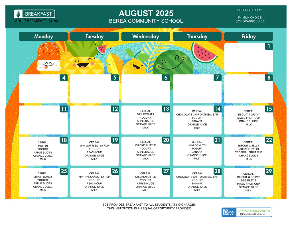 School breakfast calendar for the month of August
