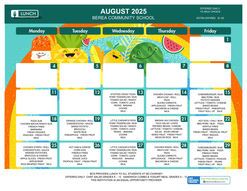 School lunch calendar for the month of August.