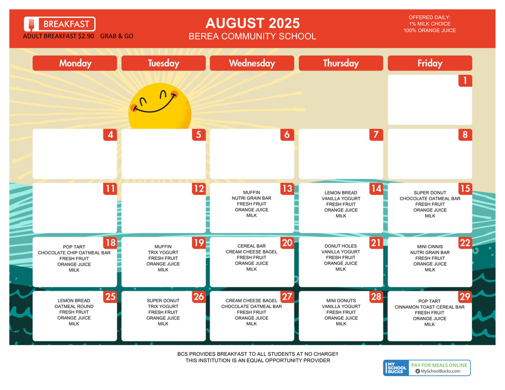 School breakfast grab & go calendar for the month of August