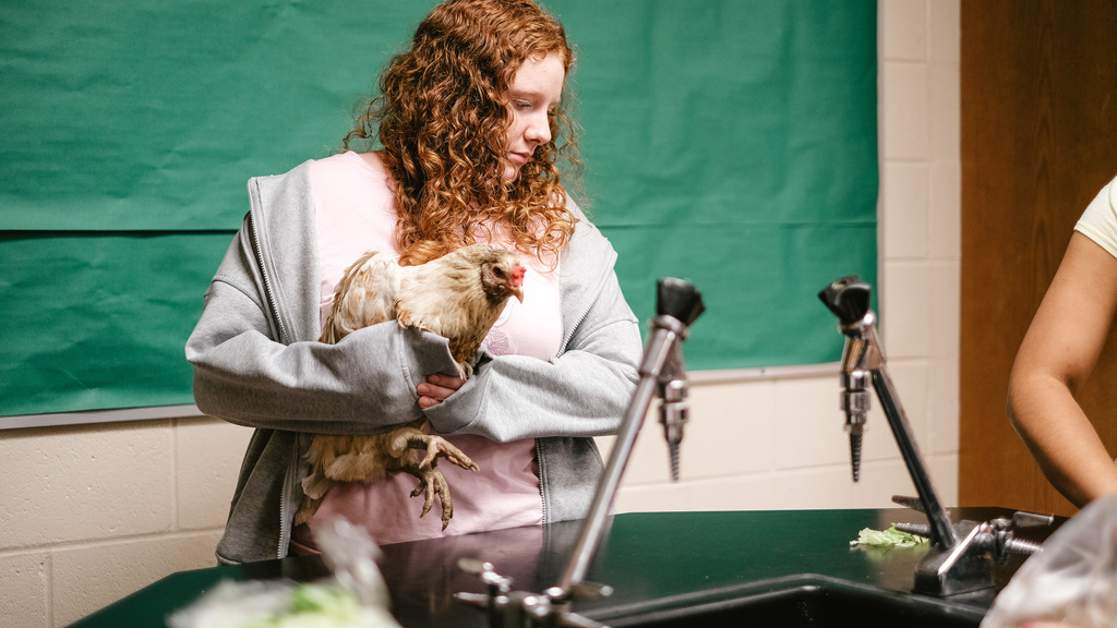 Student holds chicken.