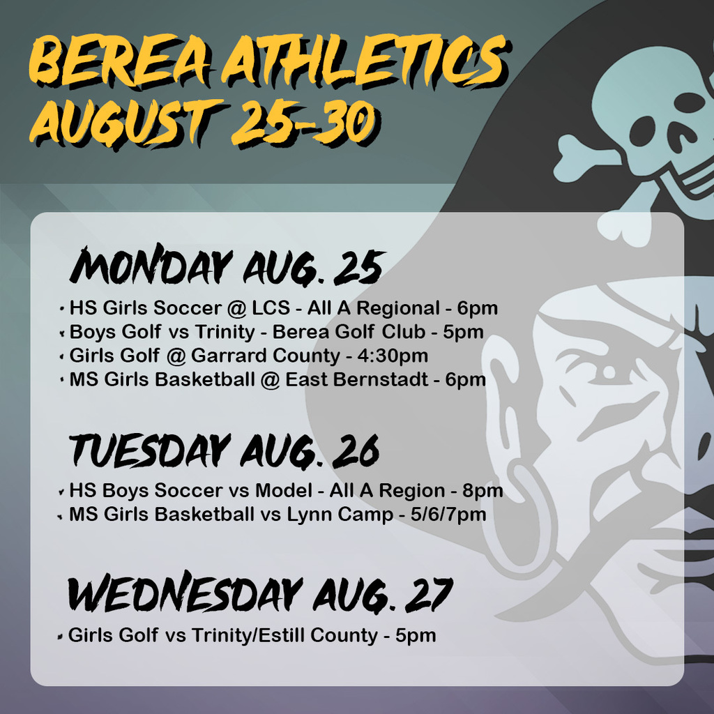 Graphic showing athletics dates for August 25th-30th