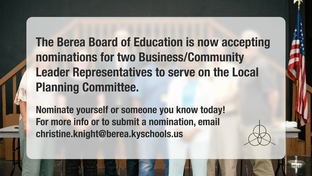 Graphic promoting business/community leader representative nominations