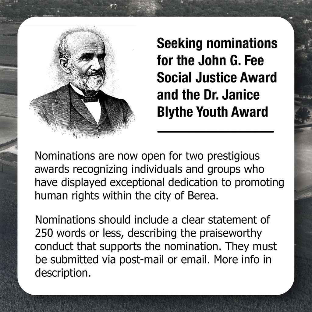 Graphic with information about receiving nominations for the John G. Fee Social Justice Award, and the Dr. Janice Blythe Youth Award.