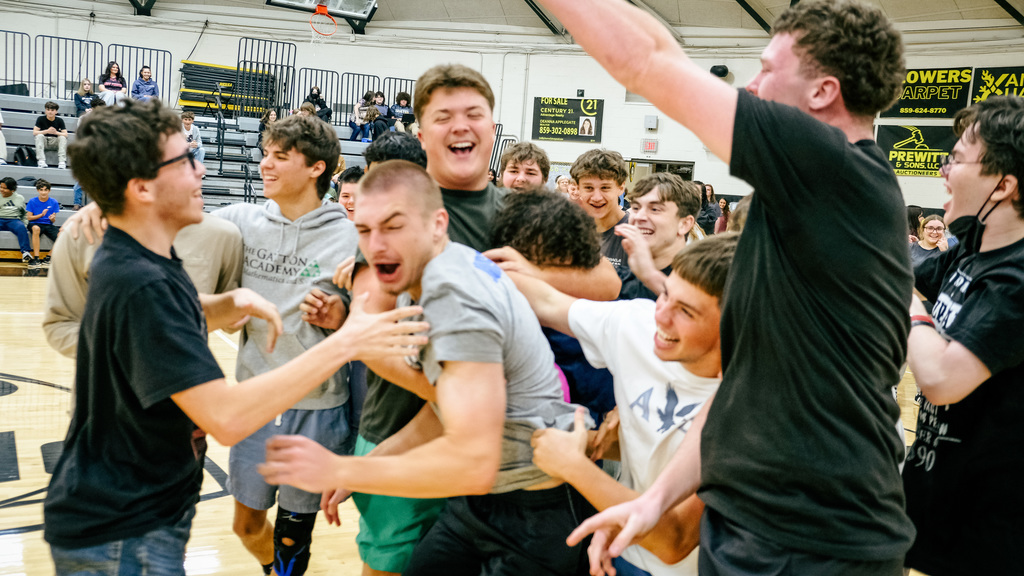 students celebrating dodgeball win