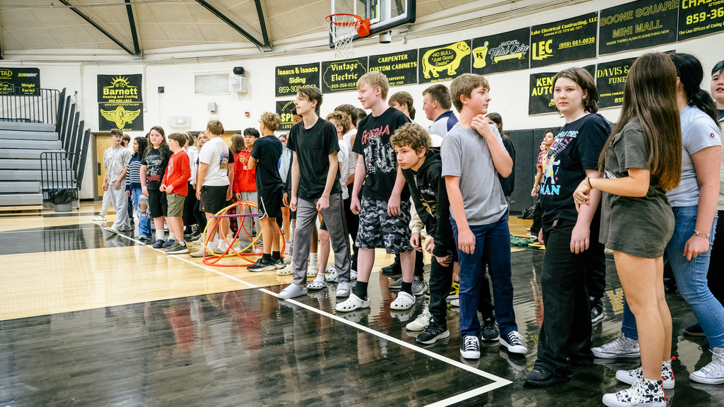Students lined up for dodgeball match