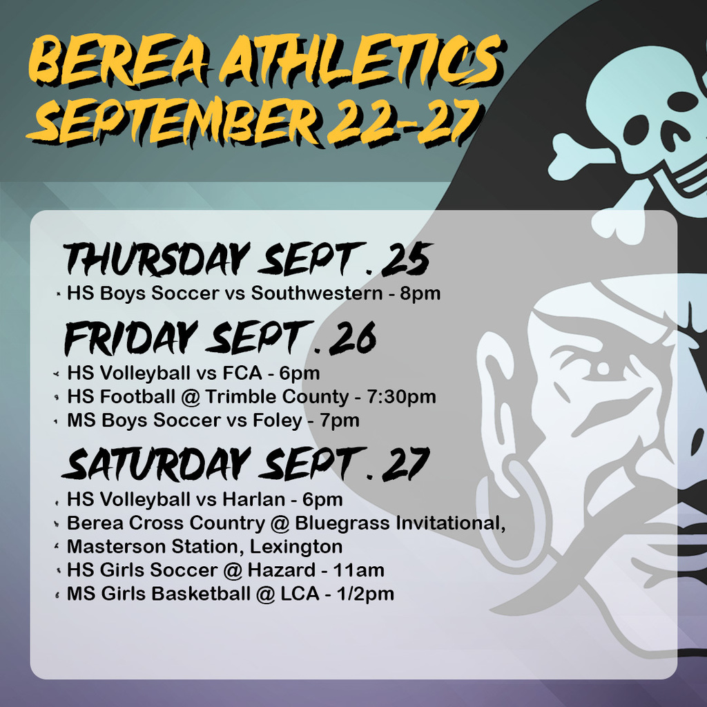 Berea Athletics Schedule Sept. 22-27