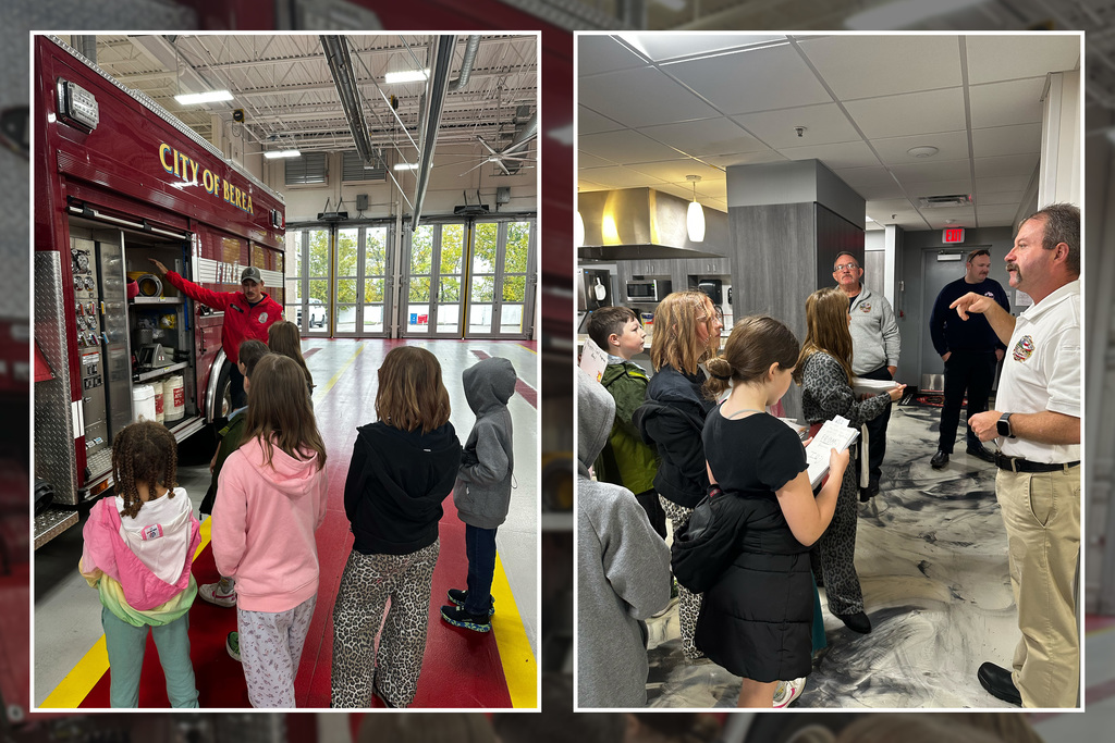 3rd-5th grade students delivering hand made cards to first responders at the Berea Fire Station