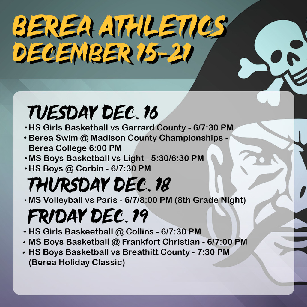 Berea Athletics Schedule Dec. 15-21