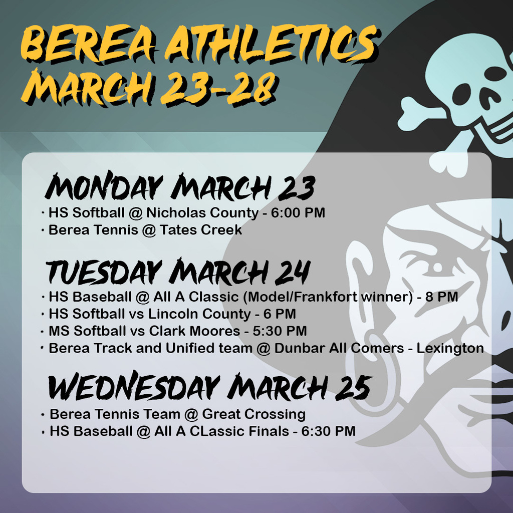 Berea Athletics Schedule March 23-28