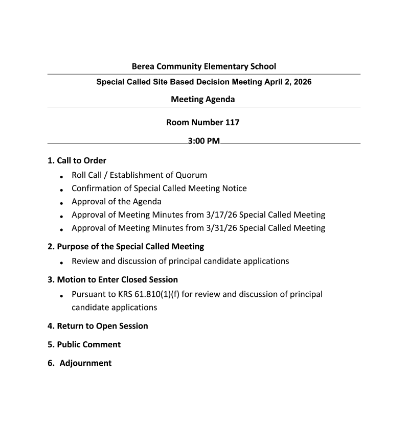 BCES SBDM Meeting Agenda 4.2.26