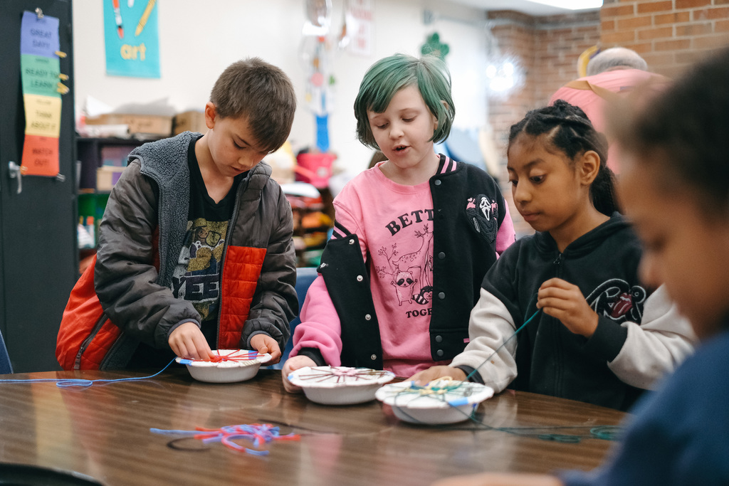 3rd Grade Yarn Weaving on Bowl Loom